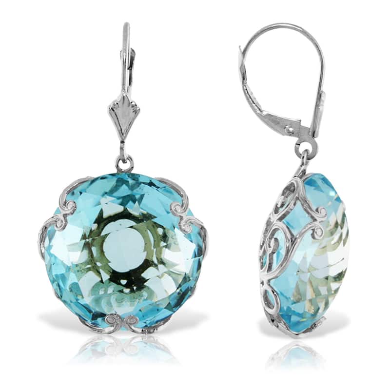 14K Solid Gold Leverback Gemstone Earrings Round Blue Topaz Jewelry - White