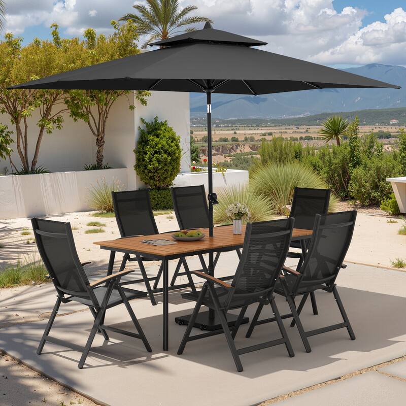 9PC Outdoor Patio Dining Set Aluminum Table with Folding Armchairs w/ Premium Market Umbrella Sets - BrownTable&BlackChairs&BlackUmbrella