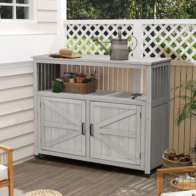 Wood Patio Bar Cabinet, Rustic Cedar Buffet Table with Storage, All-Weather Indoor/Outdoor Multi-Purpose Sideboard