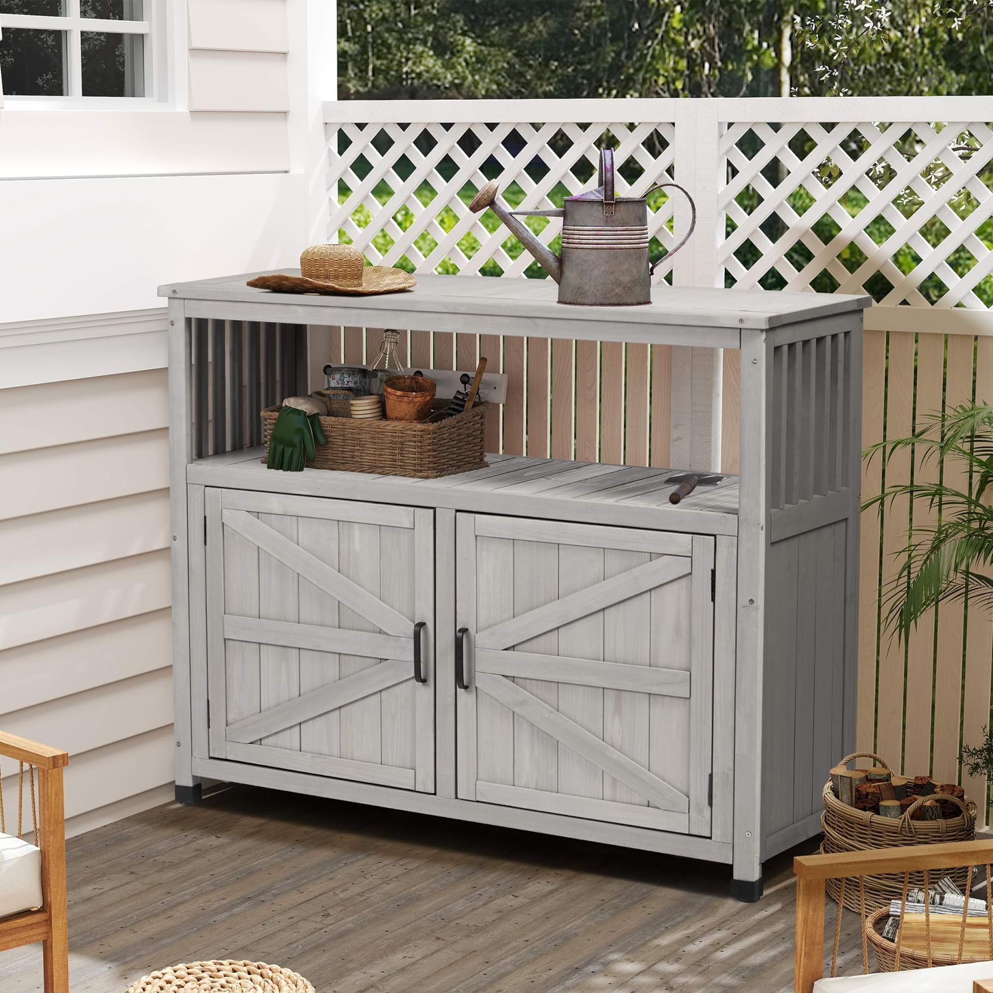 Wood Patio Bar Cabinet, Rustic Cedar Buffet Table with Storage, All-Weather Indoor/Outdoor Multi-Purpose Sideboard