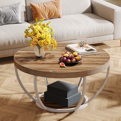 31.7" Round Coffee Table, Modern 2-Tier Center Table Sofa Side Table