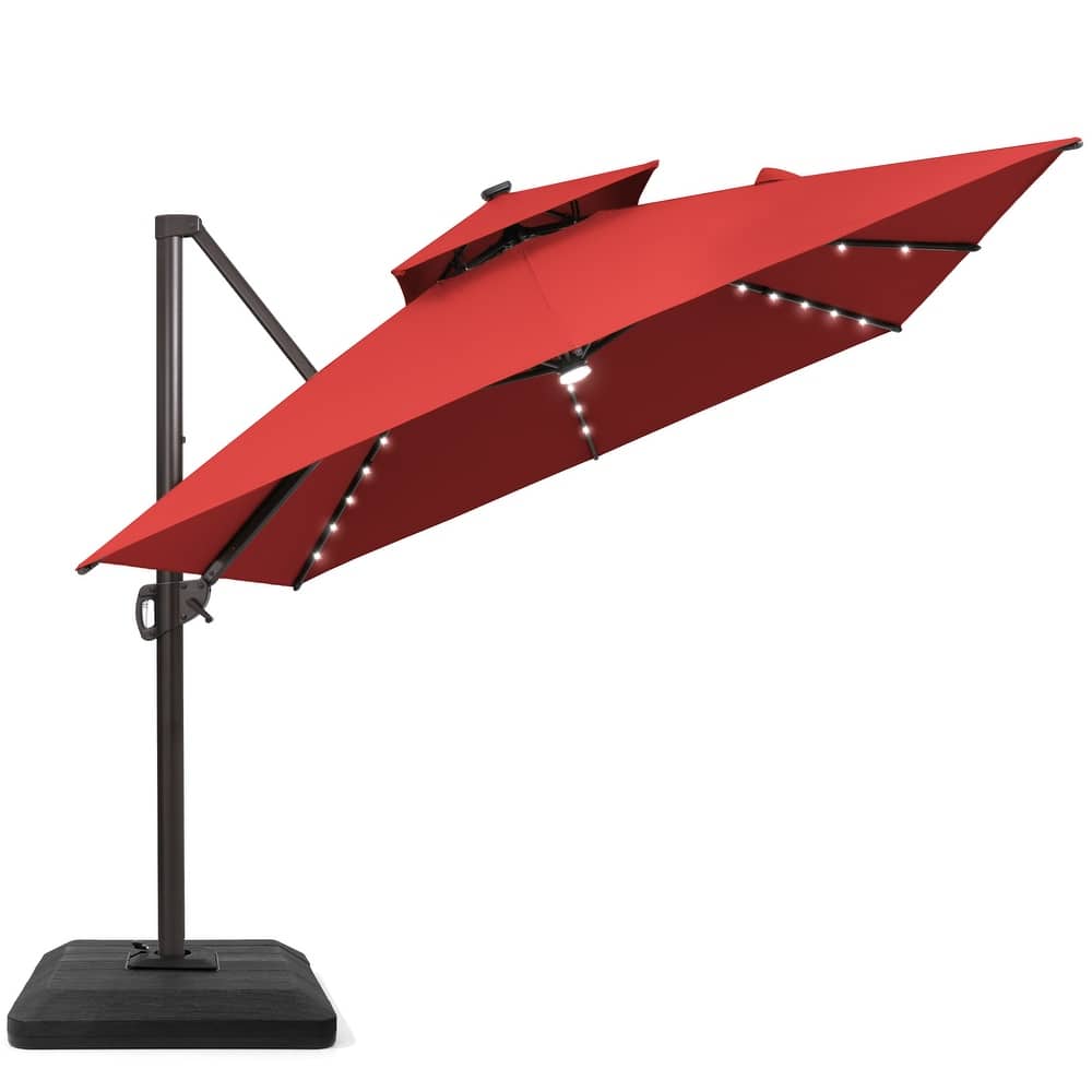 9x11 FT Daul Top Aluminum Outdoor Patio Cantilever Umbrella Solar LED Lighted with Weight Base