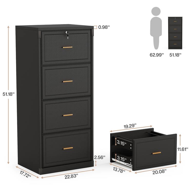 4-Drawer File Cabinet with Lock and Key, Vertical Filling Cabinet for A4/Letter/Legal Size Files