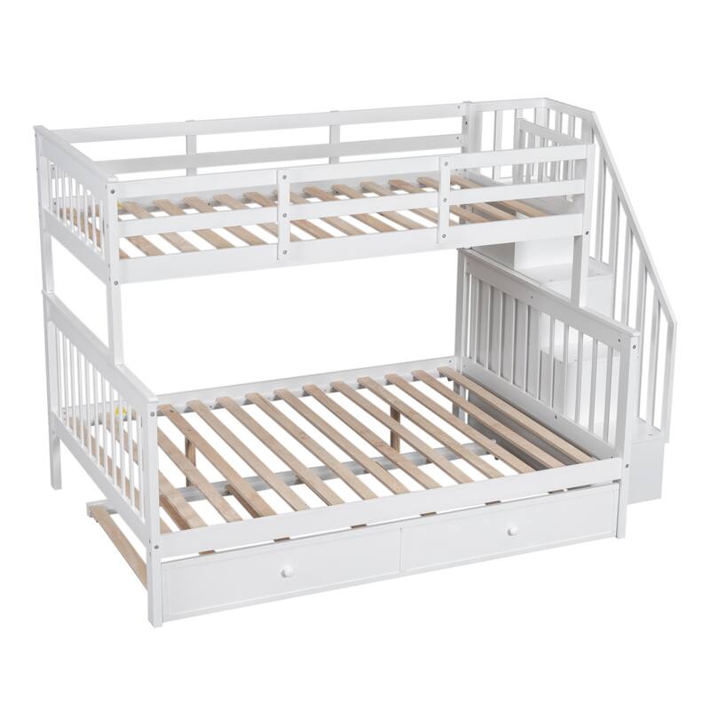 Twin Over Full Solid Wood Bunk Bed with Twin size Trundle, Storage and Guard Rail