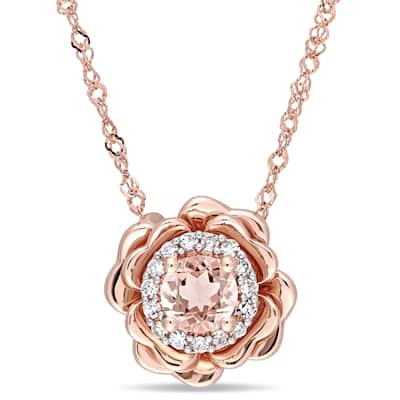 Miadora 1/3ct TGW Morganite Diamond Accents Halo Flower Pendant Chain in 10k Rose Gold