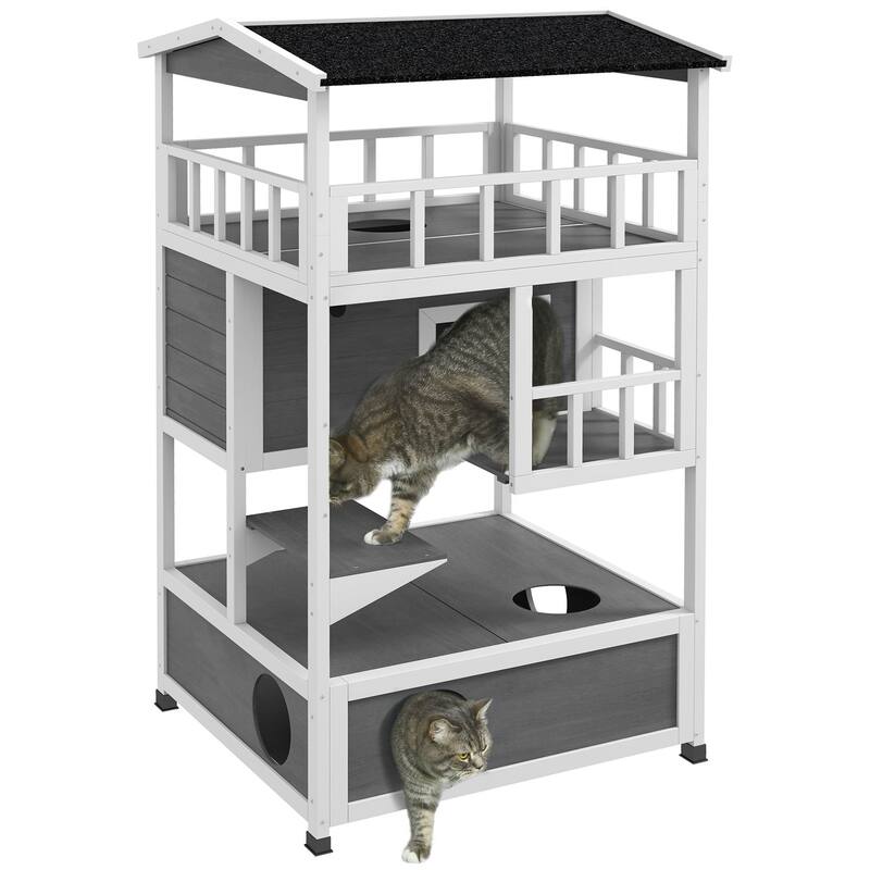 PawHut Wooden Outdoor Cat House, Feral Cat Shelter Kitten Condo with Asphalt Roof - Light Gray - Light Gray