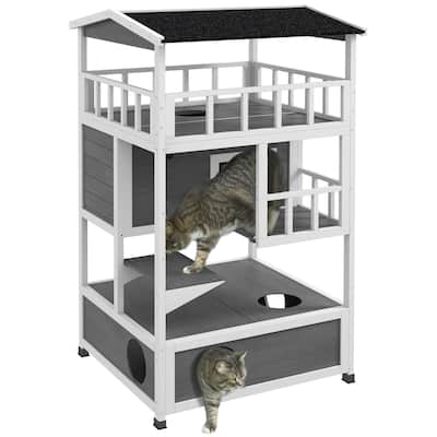 PawHut Wooden Outdoor Cat House, Feral Cat Shelter Kitten Condo with Asphalt Roof - Light Gray