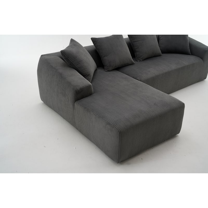Grey Compression Sofa: Chaise Longue with 3 - Seater, Corduroy Fabric, Full Sponge, 4 Pillows