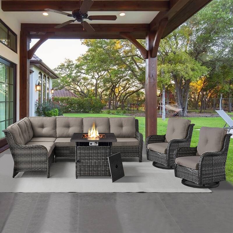 Gymojoy 4-Piece Outdoor Wicker Patio Furniture with Fire Pit and L-shaped Sectional Sofa, Coversation Set with Thick Cushions - 4-Piece - Grey Wicker / Grey Cusion
