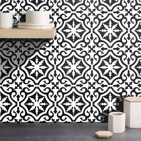 Moroccan Handmade Cement Tile Mamounia Black/ White 8 Inches x 8 Inches, Floor/ Wall (Set Of 12)