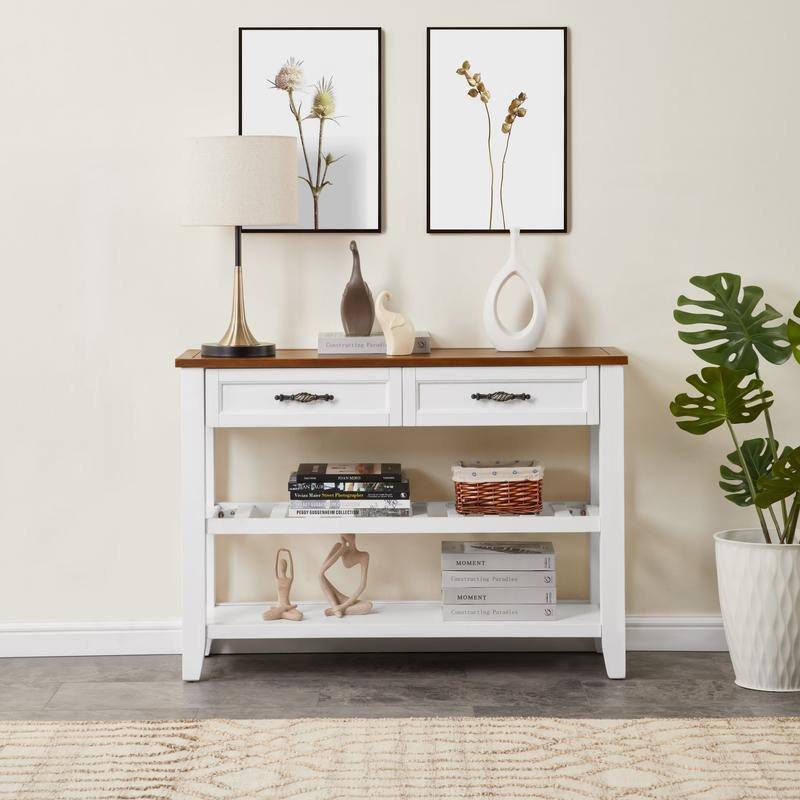 Vintage-Inspired Pine Console Table - Two-Tier Open Shelf Design for Living Spaces‌.