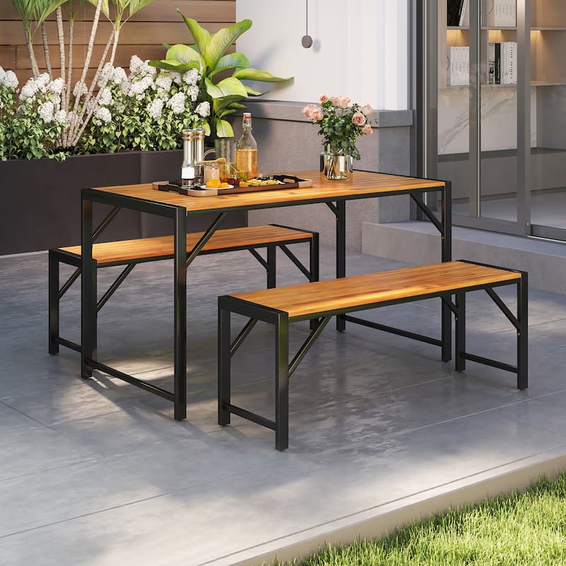 Gymax 3 PCS Patio Dining Set for 6 People 53'' Acacia Wood Picnic