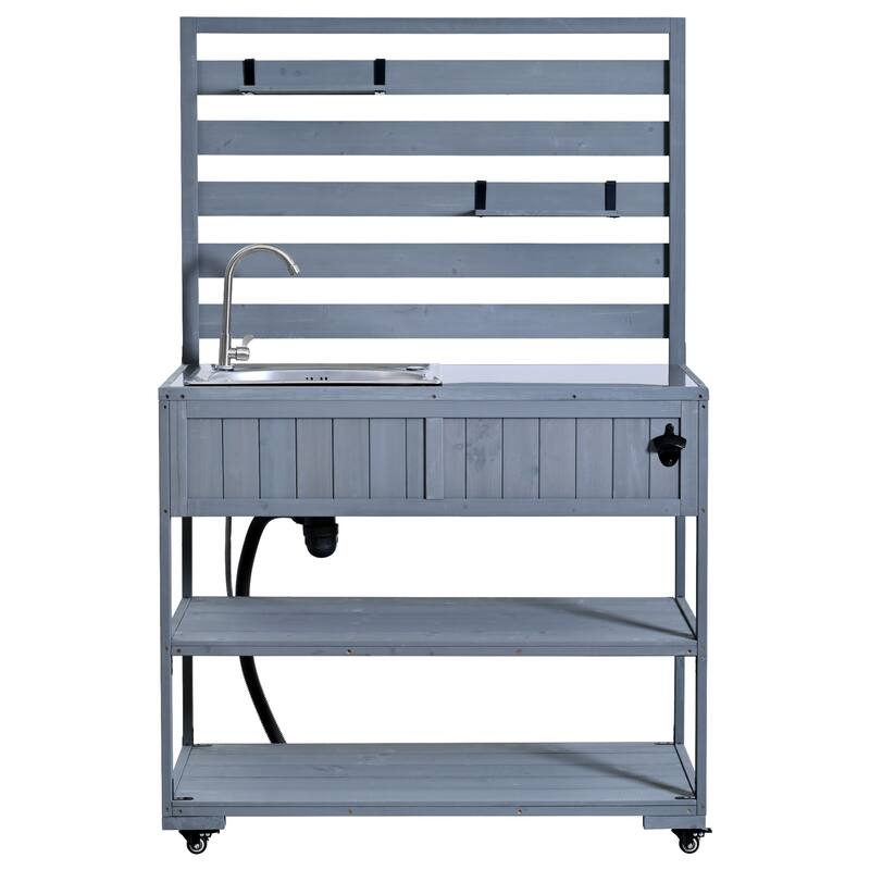 Roomfitters 41.7" Garden Potting Bench with Sink, Rolling Outdoor Potting Table, Bottle Opener, Storage Shelves, Hutch