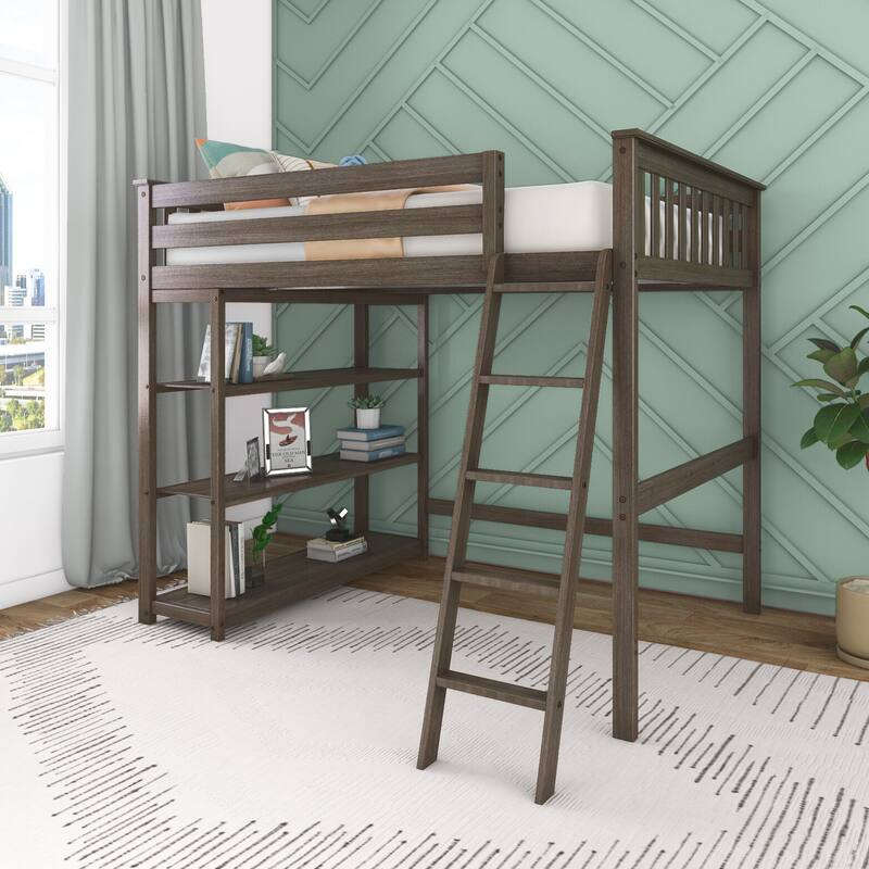 Max and Lily Full-Size High Loft Bed with Bookcase - Clay