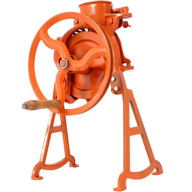 Orange Cast Iron Manual Thresher with Wooden Handle