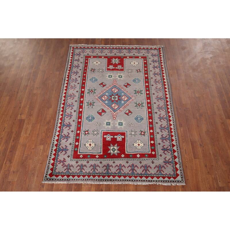 Hand Knotted Oriental 100% Wool Carpet Traditional Geometric Greys & Charcoal Kazak Area Rug - 6' 0'' X 4' 2''