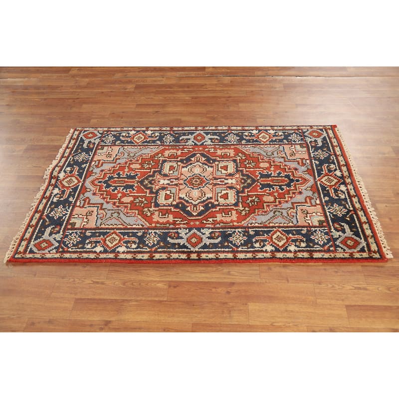 Hand Knotted Oriental 100% Wool Carpet Traditional Medallion Oranges & Rust Heriz (serapi) Area Rug - 4' 11'' X 3' 0''