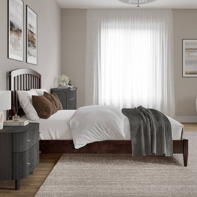 Solid Wood Low Profile Platform Bed - Traditional Design, Walnut Finish - Full Size Bed Frame