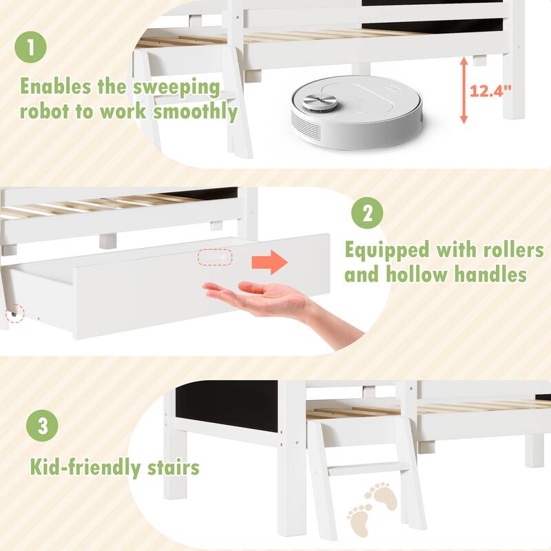Twin Size House Bed with Ladder, Storage Drawer & Double-Sided Blackboard - No Box Spring Needed, Fun & Creative Design