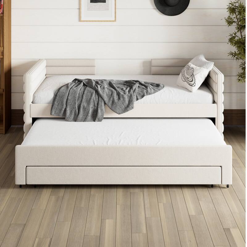 Twin Size Linen Upholstered Daybed with Trundle and 3 Drawers