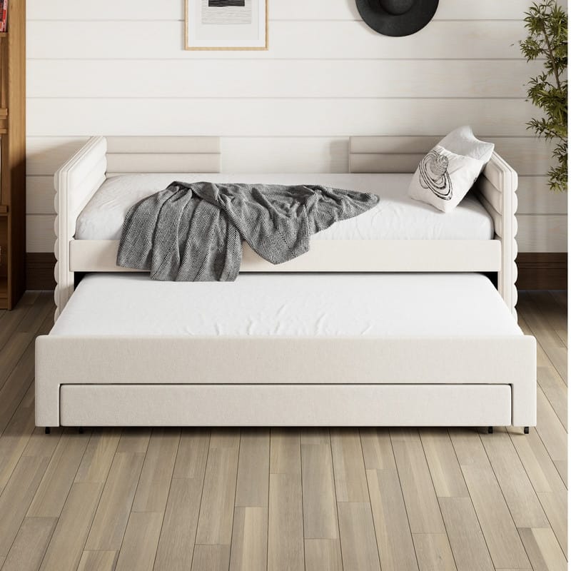 Twin Size Linen Upholstered Daybed with Trundle and 3 Drawers