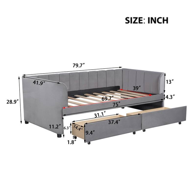 Velvet Upholstered Daybed with Ergonomic Design Backrest and 2 Drawers,Twin Size