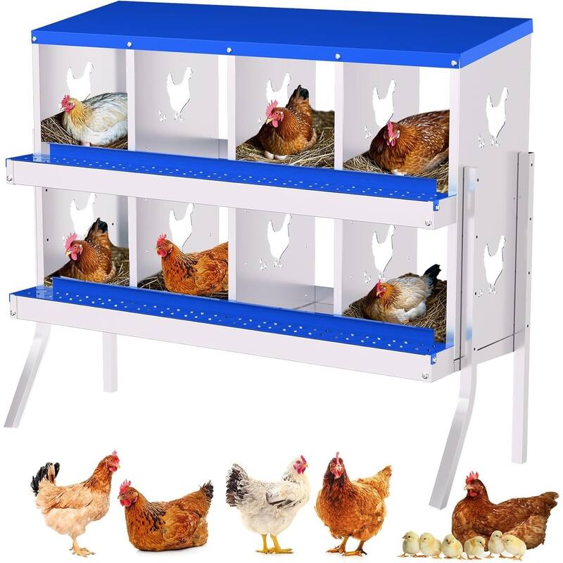 8 Compartment Metal Chicken Nesting Box, Laying Box for Hens Ducks Rabbits, Blue - Blue with Legs