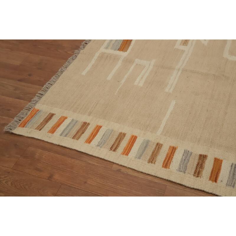 Hand Woven Oriental 100% Wool Carpet Southwestern Tribal Beige & Ivories Kilim Area Rug - 6' 7'' X 4' 11''