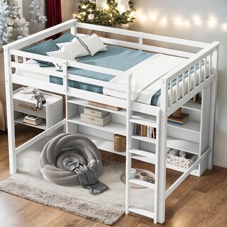 Twin Size Loft Bed with 8 Open Storage Shelves and Built-in Ladder, White