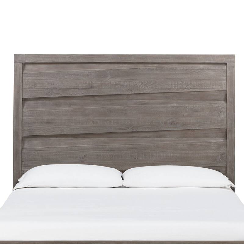 Vero Queen Size Bed, Roughhewn Washed Brown Wood, Asymmetric Panel Design