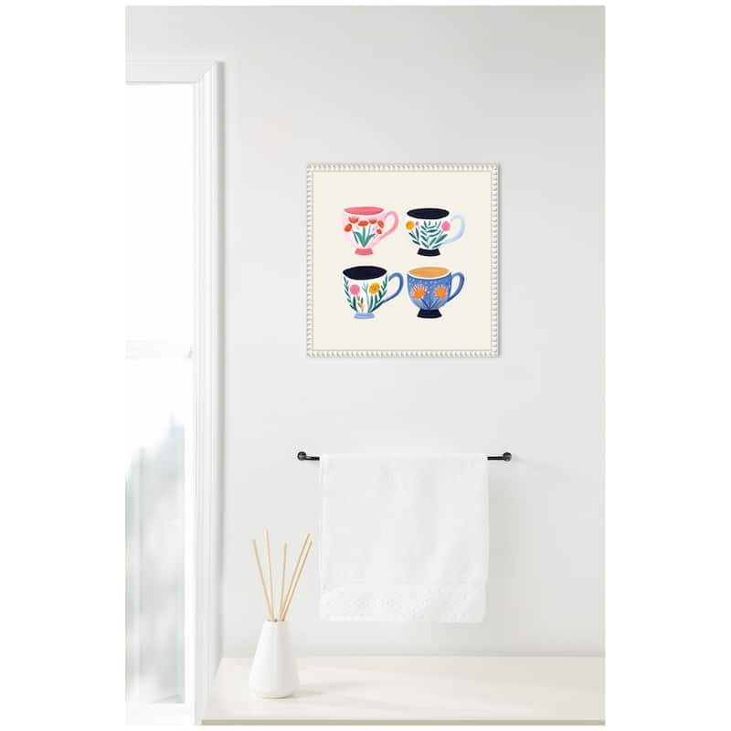 Kate and Laurel Sylvie Botanical Coffee Shop Tea Cups 4 Cups Framed Canvas by The Creative Bunch Studio