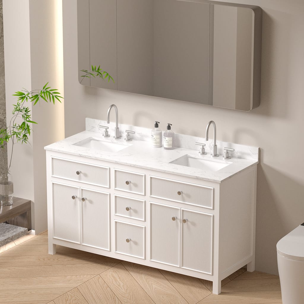 60 in Freestanding Bath Vanity Quartz Carrara White Countertop with Double Ceramic Undermounted Sink - 60-60D