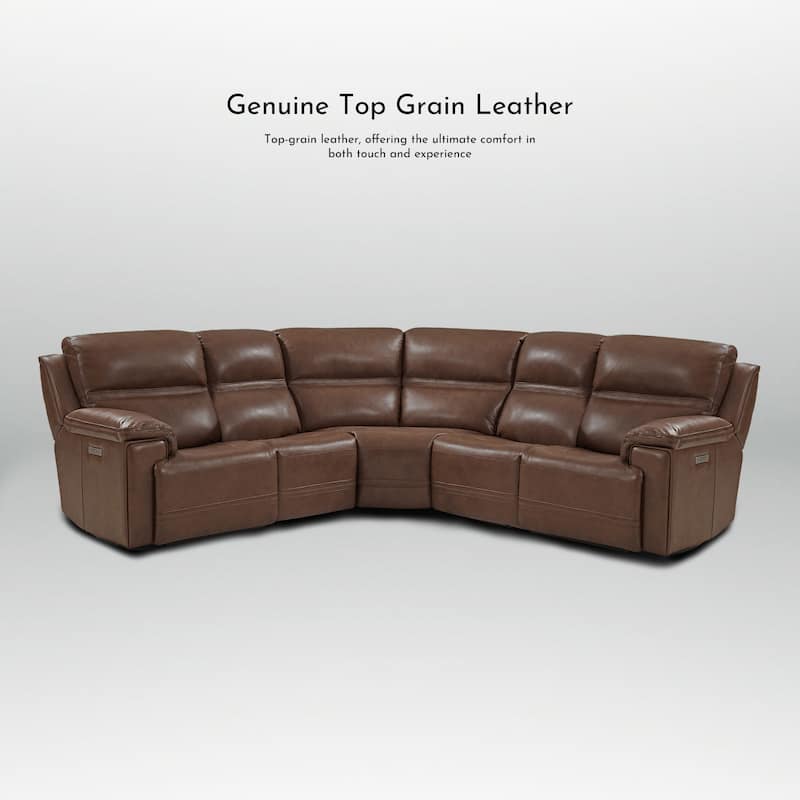5PCS, 3 power Recliners, Dual-Power Genuine Leather Reclining Sectional with Adjustable Headrest