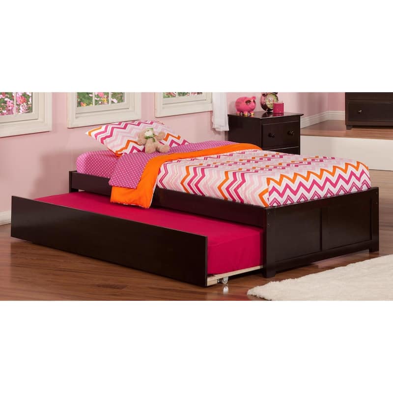 Twin Platform Bed with Trundle - Modern Style, Walnut Finish, Space Saving Design