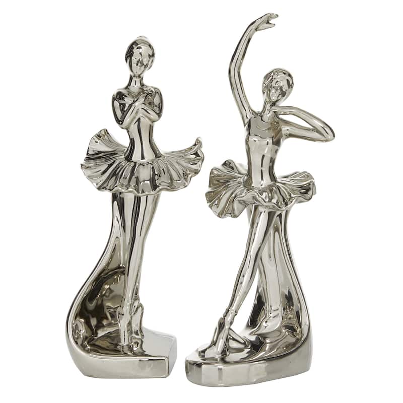Silver Porcelain Ceramic Dancer Decorative Sculpture (Set of 2) - 4 x 2.75 x 11 and 3 x 2.5 x 10
