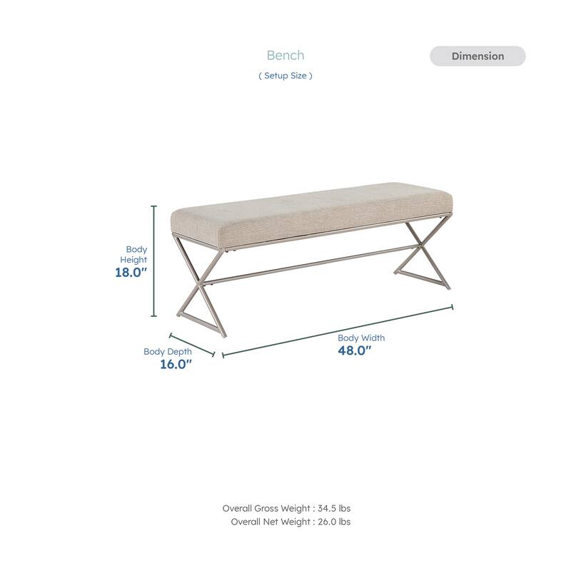Catalina 48" Chenille Bench - Champagne Finish Iron Metal Frame