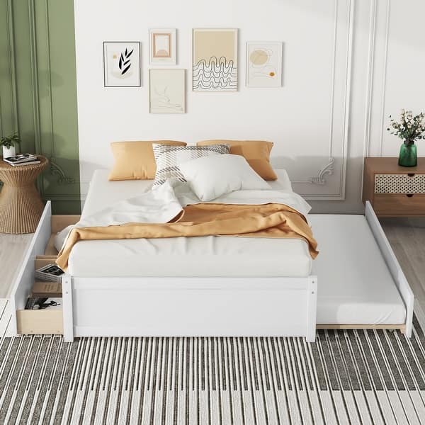 slide 2 of 17, Simple Platform Bed Full Size Wood Bed Frame with Twin Trundle and 2 Drawers Suit for Kids Bedroom, No Box Spring Needed White White - Full