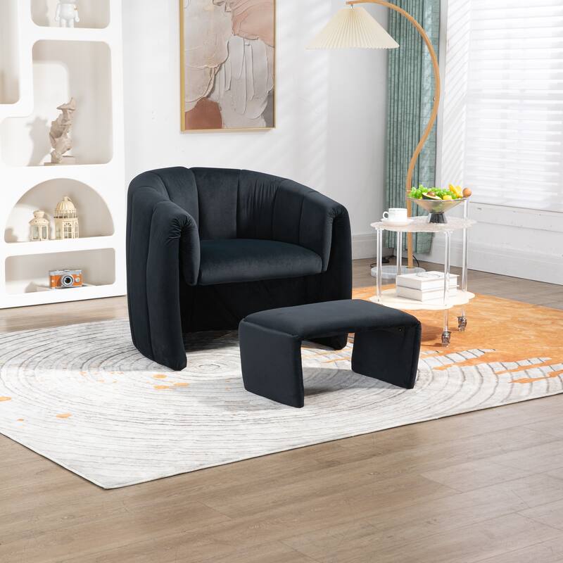 Modern Velvet Black Sofa Chair Livingroom Accent Chair with Ottoman