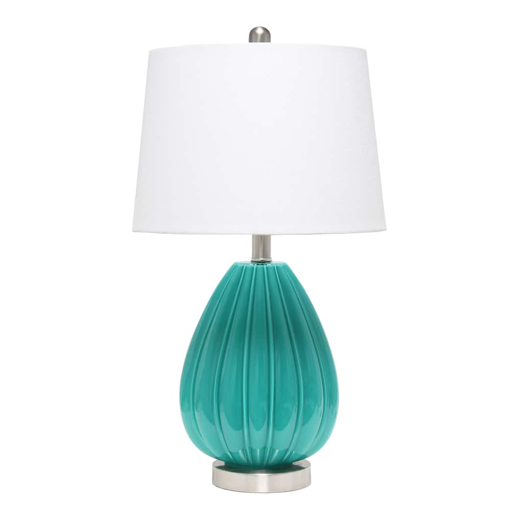 HomeRoots 23" Teal Blue And Silver Glass And Metal Novelty Table Lamp With White Drum Shade - 13.00 in. x 23.25 in. x 13.00 in.