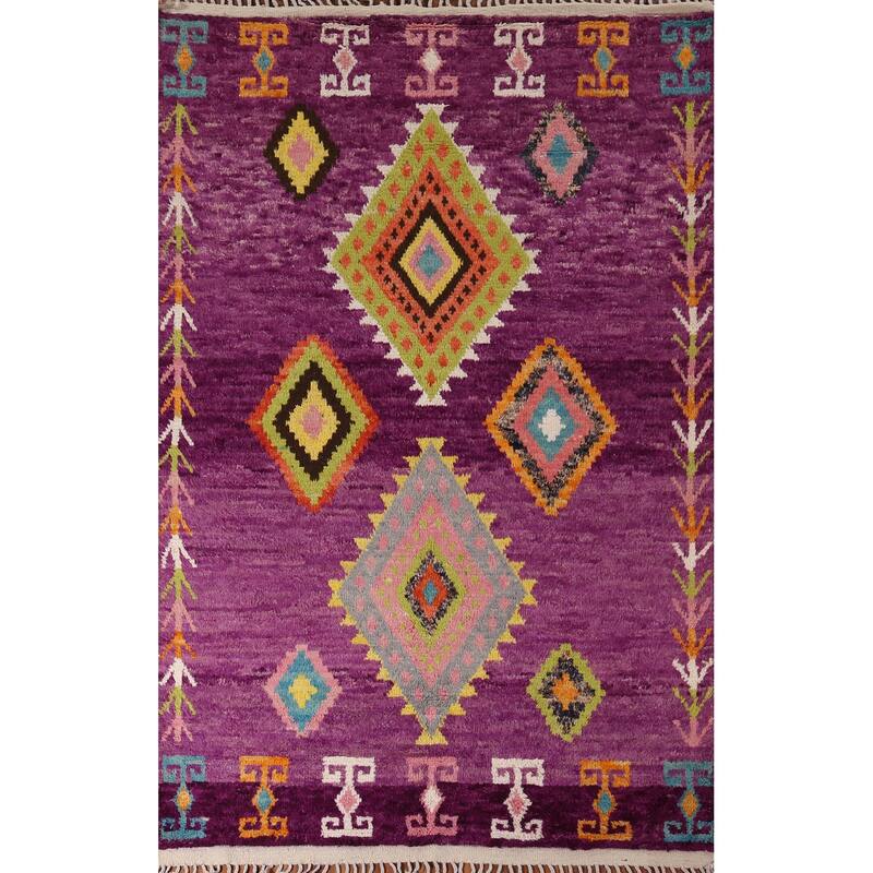 Purple Plush Moroccan Oriental Area Rug Handmade Wool Carpet - 6'1" x 9'5"