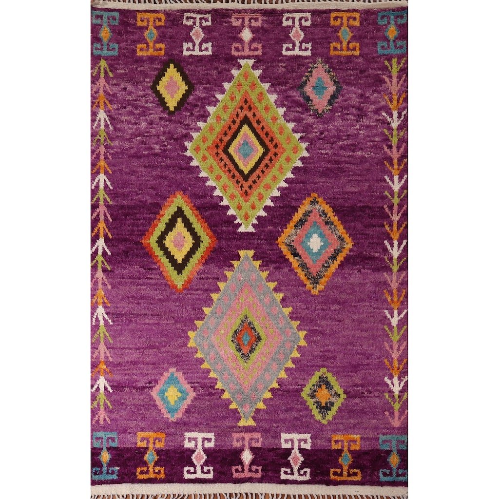 Purple Plush Moroccan Oriental Area Rug Handmade Wool Carpet - 6'1" x 9'5"