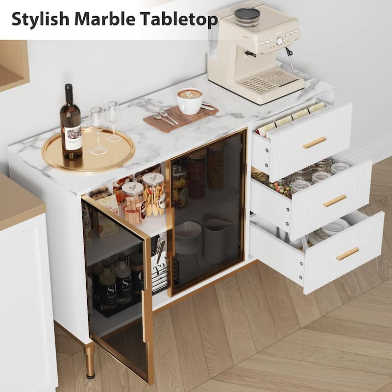 Fluted Sideboards Buffets Cabinet with Glass Doors, 3 Drawers, Marble Top Kitchen Sideboard Cabinet