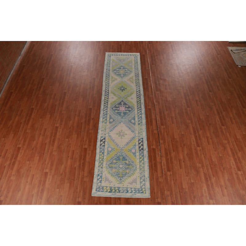 Hand Knotted Oriental 100% Wool Carpet Transitional Geometric Navy Blue & Blues Oushak Runner Rug - 13' 1'' X 3' 4''