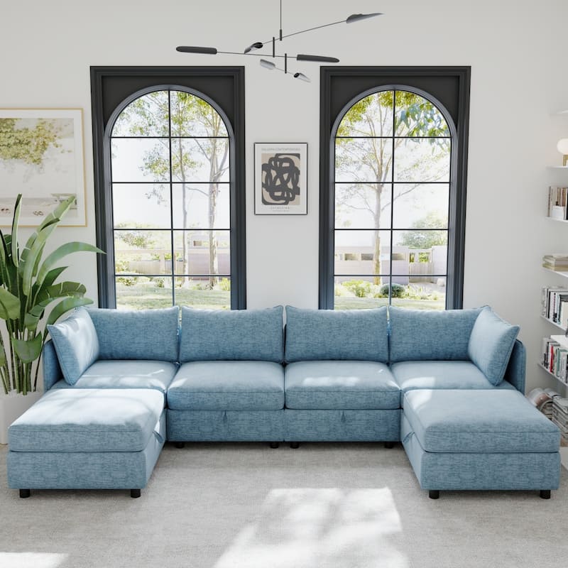 129" Chenille Sectional Sofa with Storage and Two Ottomans - Antique Blue