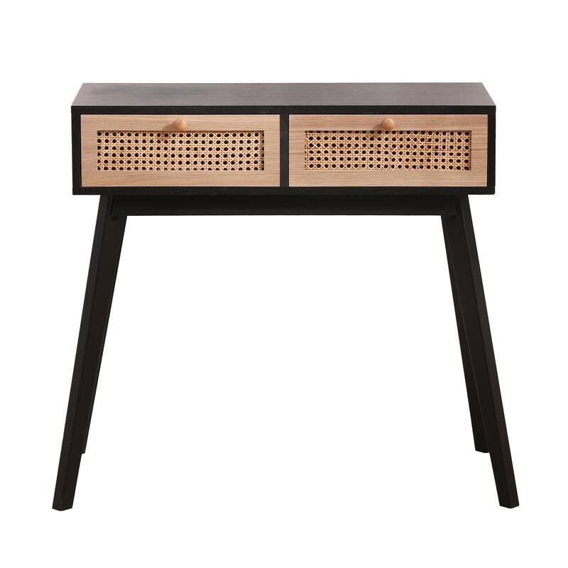 Side table with two real rattan drawers, solid wood table legs,can be used in the dining room, living room,bedroom,entrance