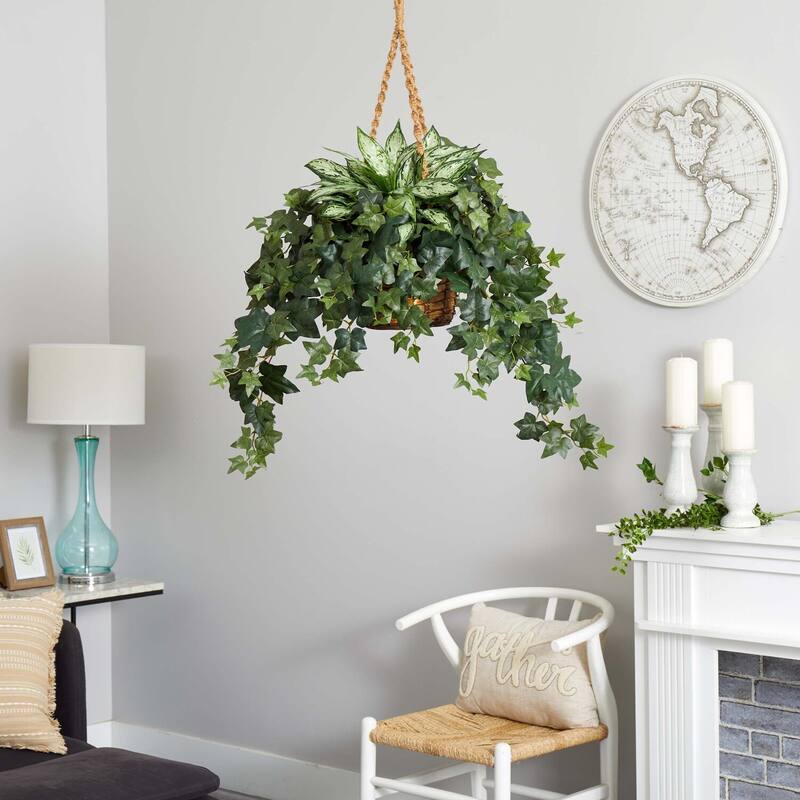 Artificial Hanging Plant - Silver Queen & African Artistry Indoor Tree - 30 Inch Realistic Faux Plant Decor - Green