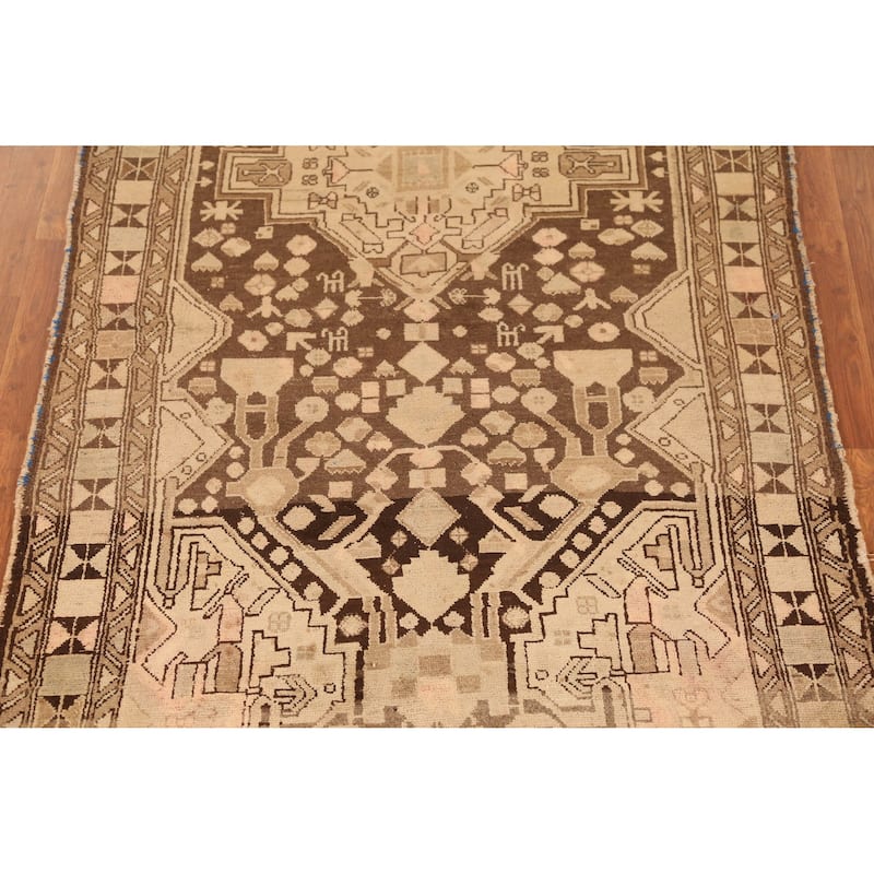Hand Knotted Oriental 100% Wool Carpet Traditional Tribal Brown Hamedan Runner Rug - 9' 8'' X 4' 0''