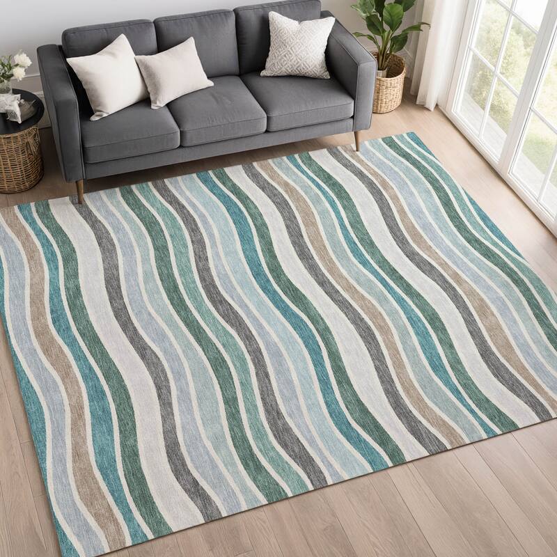 Machine Washable Indoor/ Outdoor Contemporary Stripe Chantille Rug