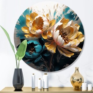 Designart "Yellow Blue Peonies Artistry I" Floral Peony Metal Round ...