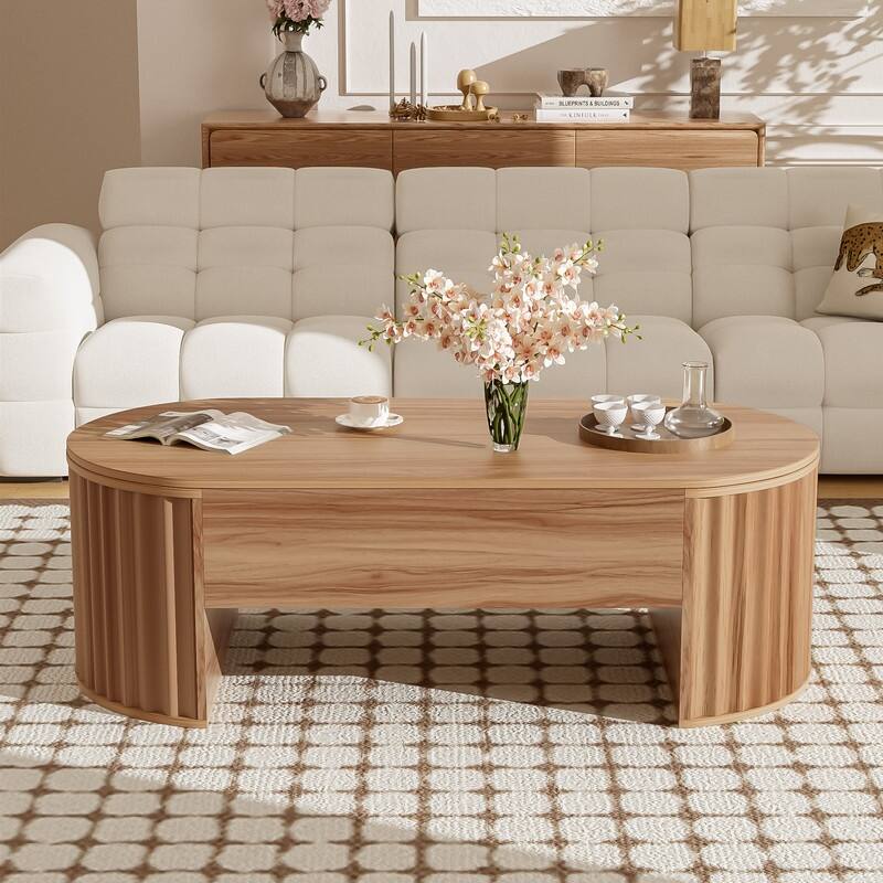 Wood Lift Top Coffee Table with Hidden Storage, 47" Oval Lift Table Top wavy grooves Design Conversation Table